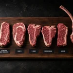 Tujuh bagian daging sapi untuk steak disusun di atas talenan kayu dengan label nama masing-masing potongan: tenderloin, striploin, ribeye, T-bone, porterhouse, sirloin, dan tomahawk