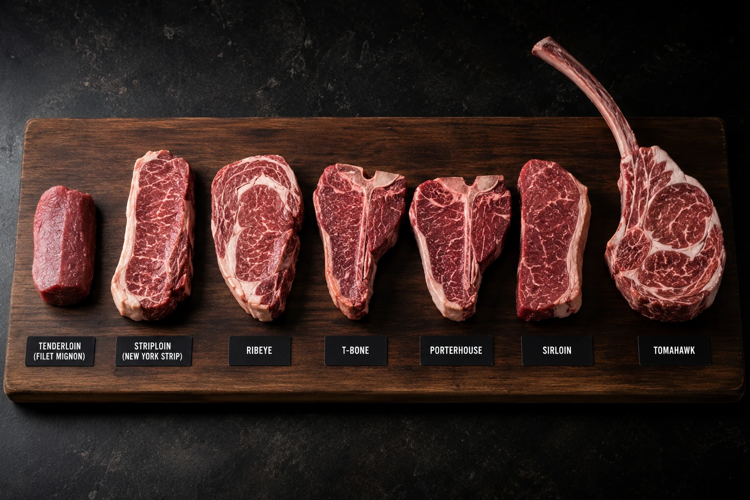 Tujuh bagian daging sapi untuk steak disusun di atas talenan kayu dengan label nama masing-masing potongan: tenderloin, striploin, ribeye, T-bone, porterhouse, sirloin, dan tomahawk