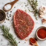 Potongan daging sapi mentah yang sudah ditaburi dry rub di atas permukaan marble putih, dikelilingi bahan bumbu steak: garam kasar, lada hitam, rosemary, thyme, bawang putih, dan paprika bubuk