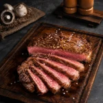 Steak wagyu yang diiris memperlihatkan bagian dalam medium rare berwarna merah muda sempurna di atas talenan kayu, ditaburi garam kasar