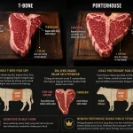 Infografis perbedaan T-Bone dan Porterhouse Steak: ukuran tenderloin, lokasi potongan pada sapi, dan karakteristik rasa masing-masing potongan