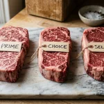 Tiga potongan daging sapi berlabel Prime, Choice, dan Select berdampingan di atas talenan marble, memperlihatkan perbedaan marbling antar grade USDA secara visual